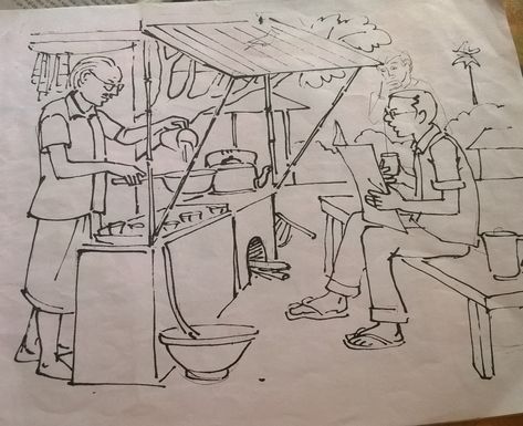 Human Composition Sketch, Subject Drawing Student, Ceed Exam Drawings, Memory Drawing Human Figures, Market Scene Drawing In Perspective, Tea Stall Drawing Composition, Human Composition Drawing, Sketch Human Figures, Market Scene Drawing Easy