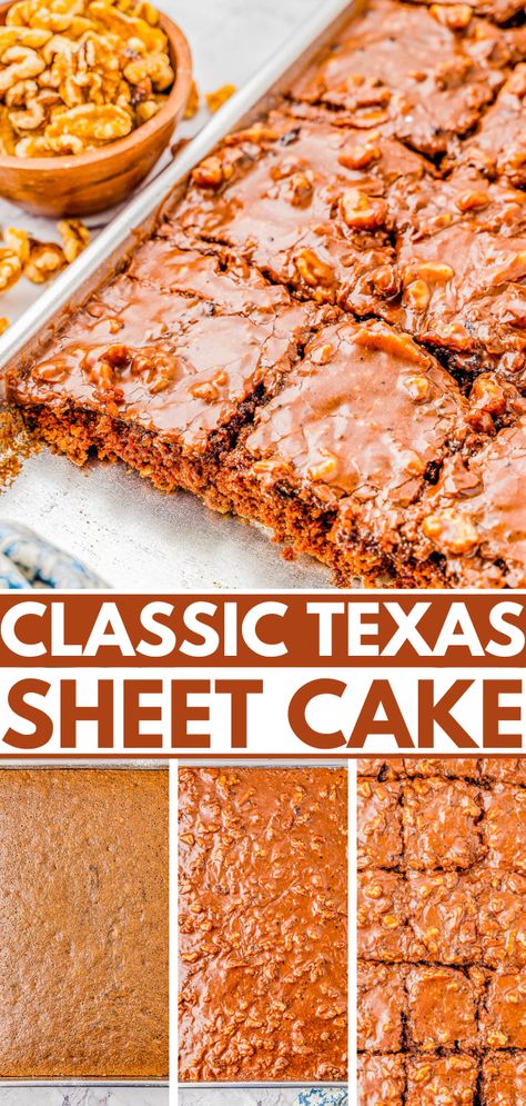 Texas Sheet Cake –  An EASY no-mixer recipe for classic Texas sheet cake that's so rich in chocolate flavor thanks to the moist chocolate cake itself and to the chocolate frosting with walnuts for a bit of crunch in every bite! Ready in less than 1 hour, and it feeds a crowd, making this a perfect party or celebration cake any time of year! Cake Sheet, Texas Sheet, Averie Cooks, Texas Sheet Cake, Dessert Recipies, Best Sweets, Sheet Cake Recipes, Warm Cake, Best Chocolate Cake