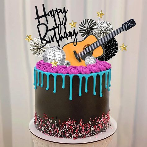 Set of 15 cake toppers. Acoustic guitar model, 3 sizes of disco balls and fans, gold stars and happy birthday banner. Use together on a larger cake or use separately on cupcakes for a music theme birthday party. Birthday Cake Music Theme, Guitar Theme Cake, Music Theme Birthday Cake, Rock Theme Party, Music Themed Birthday Party, Music Cake Ideas, Rockstar House, Music Birthday Cakes, Music Birthday Cake