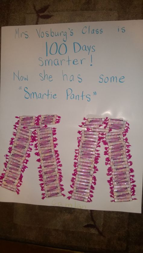 I was looking on pinterest for 100 days of school ideas. I saw a lot of "we are 100 days smarter"  pins and put a twist on it by putting the smarties into the shape of pants. Hope you enjoy! 100 Days Smarter Poster, 100 Days Smarter Smarties, 100 Days Of School Project Posters, 100 Day Of School Poster Board Ideas, 100th Day Of School Poster Ideas, 100 Days Of School Poster Ideas, Crazy School Day, 100 Days Of School Project Kindergartens, Valentine Photos