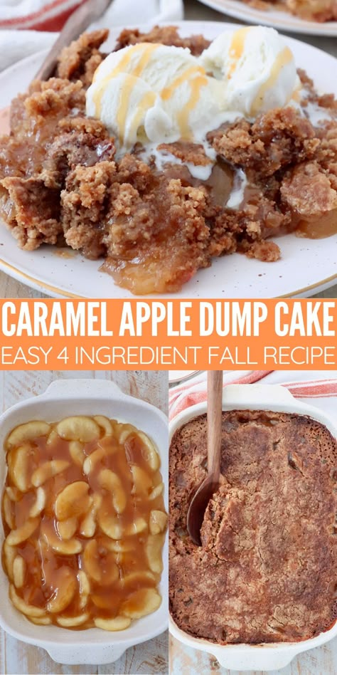 Baked caramel apple dump cake on plate with ice cream, and in baking dish Apple Spice Cake Recipe, Apple Bread Pudding Recipe, Swedish Apple Pie, Apple Bread Pudding, Pies Easy, Spice Cake Recipe, Apple Dump Cake Recipe, Fresh Fruit Desserts, Caramel Apple Dump Cake