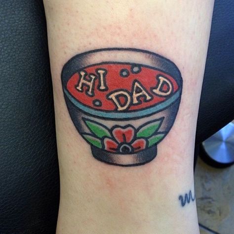 Hi Dad Soup from A Goofy Movie, artist unknown Disney Inspired Tattoos, Disney Sleeve Tattoos, Disney Sleeve, Food Tattoos, Movie Tattoo, Movie Tattoos, Theme Tattoo, Harry Potter Tattoos, Dad Tattoos