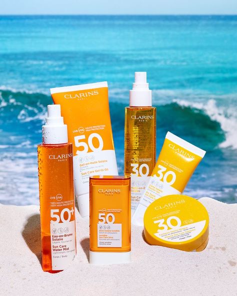 Clarins beautiful SPF, summer skincare range, Clarins Ireland available at your local pharmacy Sun Cream Skin Care, Tan Faster, How To Tan, Oil Texture, How To Tan Faster, Water Mist, Suncare, Cosmetic Design, Sun And Water