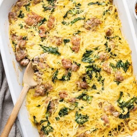 Tuscan Spaghetti Squash Casserole - Mary's Whole Life Tuscan Spaghetti Squash, Tuscan Spaghetti, Sausage And Spaghetti Squash, Sausage Ingredients, Spaghetti Squash Casserole, Squash Casserole Recipes, Creamy Garlic Sauce, Spaghetti Squash Recipes, Squash Casserole