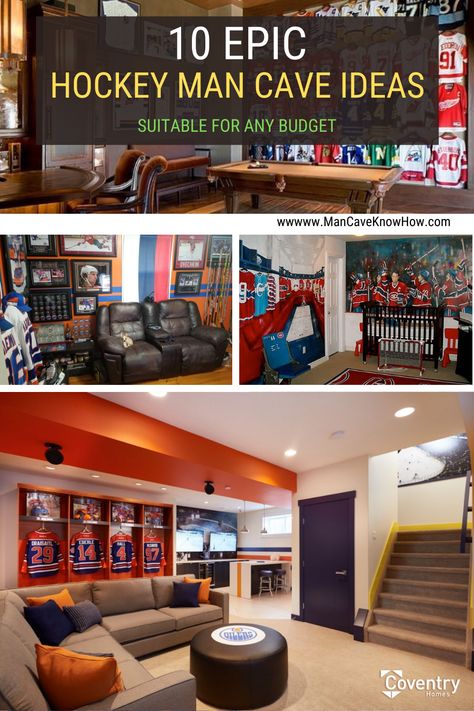 Check out these awesome hockey man caves and get ideas for your own hockey themed cave. #mancave #hockey #sports #home #design Nhl Man Cave, Man Cave Hockey Theme, Hockey Man Cave Ideas, Sports Themed Man Cave Ideas, Hockey Themed Basement, Mancave Sports Theme, Hockey Basement Ideas, Basement Sports Room, Football Man Cave Ideas