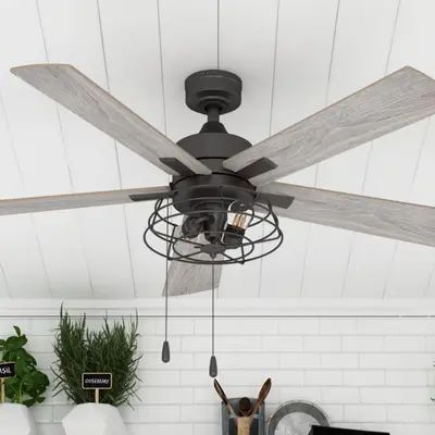 Room Fans, Farmhouse Ceiling, Caged Ceiling Fan, Angled Ceilings, Farmhouse Ceiling Fan, Industrial Fan, Broken Bow, Rental House, Bedroom Ceiling