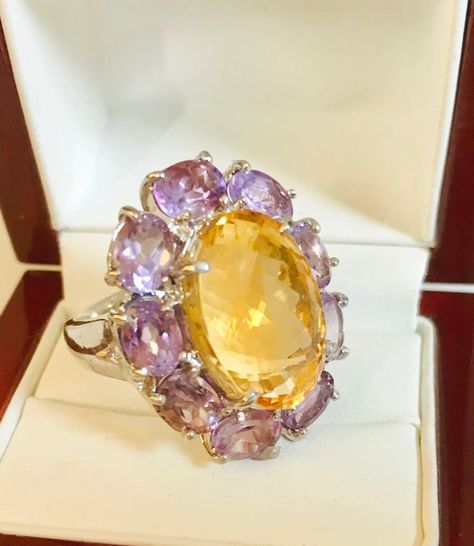 Cluster Citrine and Amethyst Silver Ring, Natural Gemstones Cocktail Ring, Statement Ring, Large Oval Yellow Citrine with Amethyst Ring Citrine Jewelry Rings, Peridot Color, Multi Gemstone Ring, Purple Amethyst Ring, Purple Rings, Citrine Jewelry, Unusual Rings, Citrine Pendant, 2 Rings