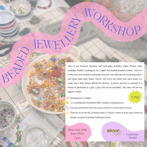 We’ve got a few tickets available on our Beaded Jewellery Workshop on 20th June. You’ll learn all about @easthope.studio and how they make their Murano glass beads, whilst creating your own piece of jewellery from their extensive range of handmade and recycled vintage beads & charms. A perfect activity for beginners or experienced crafters alike. You’ll finish the workshop with your very own necklace or bracelet, made & designed by you! Book via our website, link in our bio www.snoopshre... Jewellery Workshop, Beaded Jewellery, Jewelry Workshop, Crafts Workshop, Vintage Beads, Recycled Jewelry, Murano Glass Beads, Beads Charms, Website Link