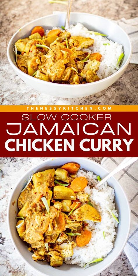 Get your crockpot ready and try this main dish for dinner! This slow cooker chicken curry is a busy weeknight dinner everyone will love. Full of authentic flavor and warming spices, this Jamaican chicken curry recipe is so good! Jamaican Chicken Curry, Chicken Curry Crockpot, Jamaican Chicken, Jamaican Curry Chicken, Slow Cooker Chicken Curry, Jamaican Curry, Chicken Curry Recipe, Slow Cooker Dinner, Curry Dishes