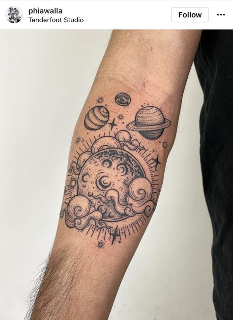 Stellar Tattoo, Space Arm Tattoo, Space Tattoo Sleeve, Outer Space Tattoos, Nebula Tattoo, Art Styling, Space Scene, Animal Tattoo Ideas, Planet Tattoos