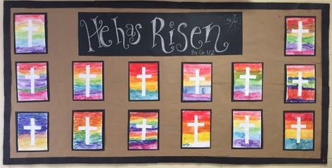 He Is Risen Bulletin Board, Christian Easter Bulletin Board Ideas, Easter Bulletin Boards, Kids Bulletin Boards, Preschool Easter, Easter Preschool, Christian Holidays, Church Nursery, He Has Risen