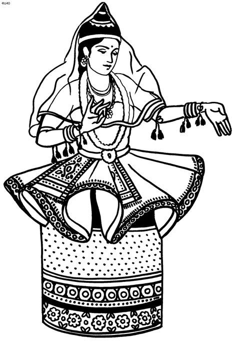 Classic Manipuri dancer Indian Dance Forms Drawing, Manipur Culture Drawing, Manipuri Painting, Sikkim Dance, Manipur Dance, Manipur Culture, Dress Line Art, Manipuri Dance, Dance Coloring Pages