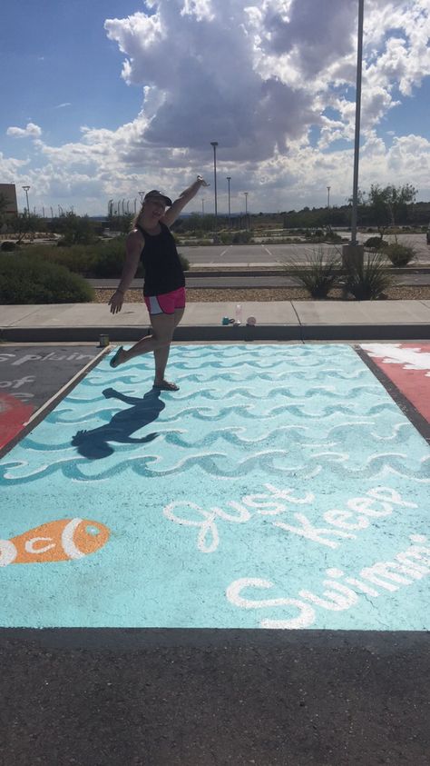 Senior parking spot "just keep swimming" Nemo Beach Theme Senior Parking Spot, Decorated Parking Spots, Senior Parking Spaces Swimming, Senior Parking Spaces Beach Theme, Beach Senior Parking Spot, Ocean Senior Parking Spot, Funny Senior Parking Spaces, Senior Traditions, Senior Parking Spot Painting