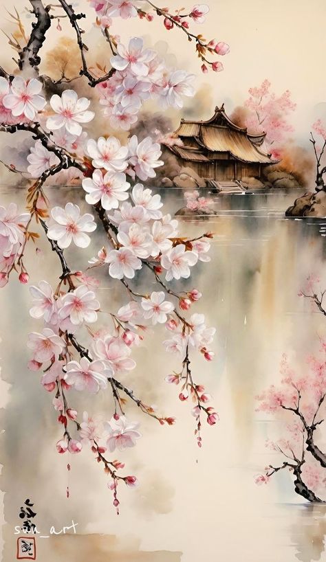 Japanese Cherry Blossom Trees, Spring Blossom Painting, Watercolor Chinese Art, Cherry Blossom Watercolor, Asian Flowers, Cherry Blossom Painting, Spring Watercolor, Chinese Art Painting, Cherry Blossom Art