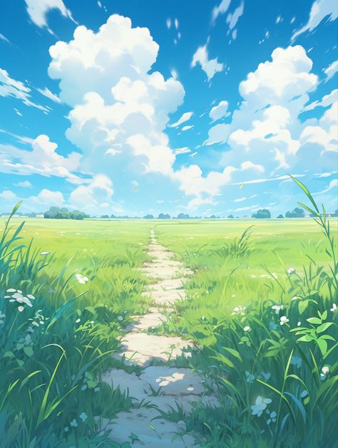 Digital Art Grass Field Tutorial, Drawing Scenery Ideas, Field Drawing Reference, Anime Grass Background, Anime Landscape Drawing, Anime Background Tutorial, Ghibli Environment, Background Reference Photo, Grass Tutorial