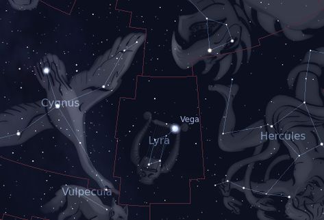 A guide to the constellation Lyra from In-The-Sky.org. Lyra Constellation, Summer Triangle, Globular Cluster, Planetary Nebula, Midnight Sky, Star Constellations, Galaxies Stars, Hercules, Greek Mythology