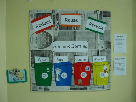 Reduce, reuse, recycle- with my age kids I would have pictures of the actual glass, cans, etc. in the proper place so they would know where they go Reduce Reuse Recycle Projects, Recycle Preschool, Cork Board Ideas, Eco Club, Recycling Activities, Clutter Free Classroom, Creative Curriculum, Recycling Ideas, Swim Meet