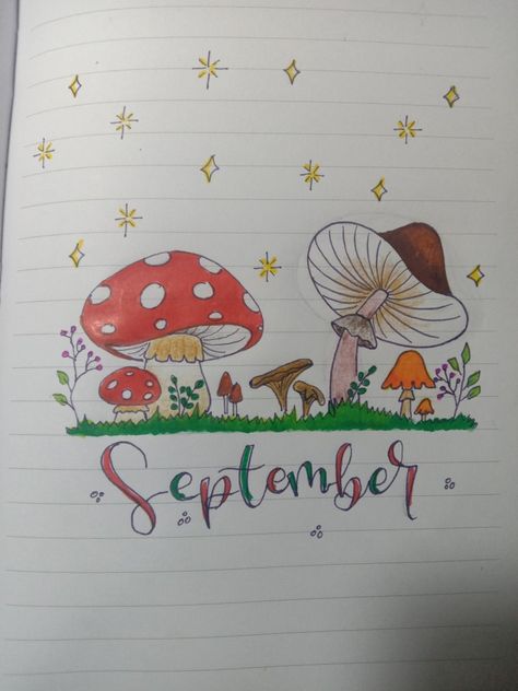 Mushroom 🍄🌱 themed cover page for journal Cover Page For Journal, Monthly Cover Page Bullet Journal, Mushroom Bullet Journal, September Cover Page, Cover Page Bullet Journal, Monthly Cover Page, Bullet Journal September, Monthly Journal, For Journal