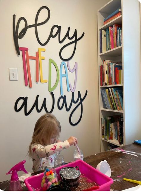 Daycare Decor Ideas, Playroom Wall Colors, Signs For Playroom, Playroom Accent Wall Ideas, Play Sign For Playroom, Playroom Paint Ideas, Daycare Decorating Ideas, Diy Playroom Decor, Cool Playroom Ideas