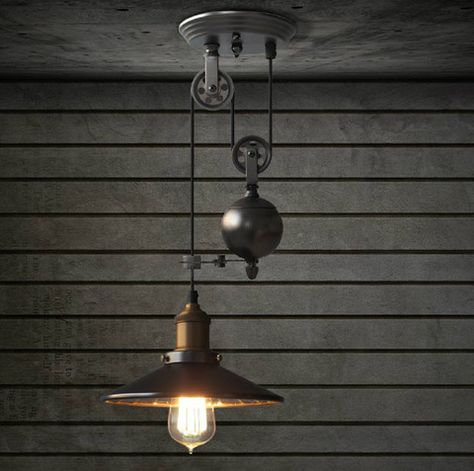 Black mirror shade pulley pendant light Pulley Pendant Light, Pulley Light, Iron Pendant Light, Bar Ceilings, Rustic Pendant Lighting, Hanging Ceiling Lamps, Ceiling Hanging, Industrial Pendant Lights, Industrial Vintage