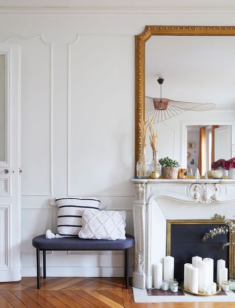 This Parisian Apartment Will Make You Want a Velvet Sofa | A Cup of Jo Parisian Living Room, Parisian Decor, Parisian Interior, Paris Home, Fireplace Mirror, Parisian Apartment, Country Style Homes, Country House Decor, Living Room Inspo