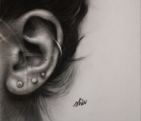 Charcoal art Realistic Ear Drawing, How To Draw Ears, Charcoal Powder, Realistic Drawing, How To Shade, Charcoal Sketch, Charcoal Art, Graphite Pencils, Art How