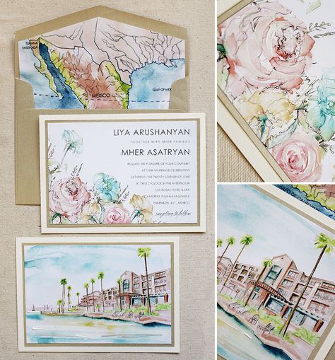 This beauty of an invite has loads of watercolor artwork, even a keepsake piece of the wedding venue! #momentaldesigns  #kristyrice  #handpainted  #watercolorwedding  #weddinginvite  #watercolor  #customdesigned  #bespoke  #artisticinvite  #weddingstationery  #mexico  #mexicoinvite  #mexicoinvite  #mapinvite  #floralinvite Sara Brown, Vineyard Wedding Invitations, Custom Wedding Map, Watercolour Wedding Stationery, Carmel Weddings, Folded Wedding Invitation, Ocean Reef, Accordion Fold, Wedding Map