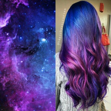 Purple And Blue Hair, Galaxy Hair Color, Blowout Hairstyle, Exotic Hair Color, Exotic Hair, Style Bangs, Hairstyle Braid, Underlights Hair, Galaxy Hair