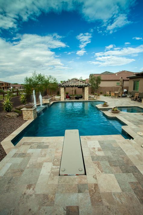 Flush Mount Diving Board by Aquienta Pools and Landscaping, Gilbert AZ. www.aquienta.com Swimming Pool Diving Board, Diving Board Pool, Pools With Diving Boards, Pool Diving Board, Pool With Diving Board, Baltimore House, Swimming Laps, Amazing Pools, Rectangular Swimming Pools