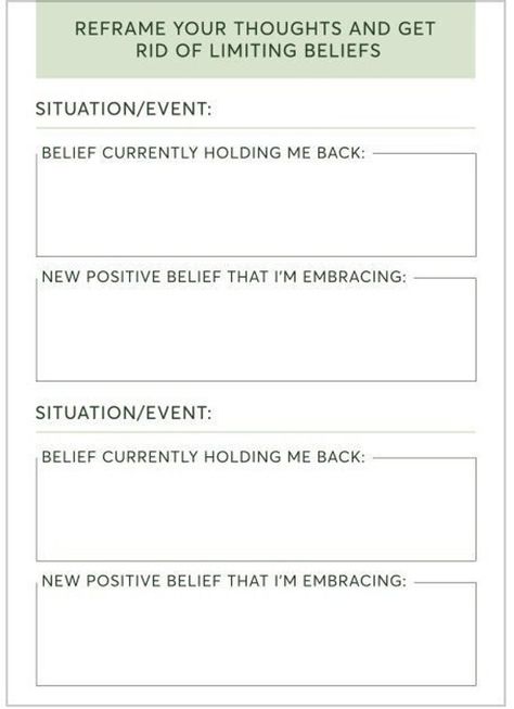 This template will help you reframe your thoughts and get rid of limiting beliefs Limiting Beliefs Worksheet, Counseling Worksheets, Healing Journaling, Mental Health Counseling, Writing Therapy, Mental Health Resources, Get My Life Together, Therapy Worksheets, Journal Writing Prompts