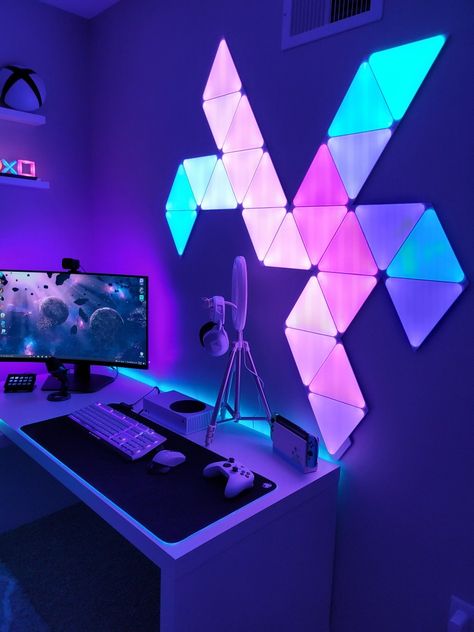 Nanoleaf Design Ideas, Nanoleaf Designs, Virtual Wishlist, Room Decor Gaming, Nanoleaf Lights, Husband Office, Vibe Rooms, Teenager Bedroom Boy, Setup Gamer