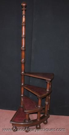 Victorian Library Steps in Mahogany Ladder Step Bookcase Library Chair Ladder, Spiral Library Step Ladder, Library Stairs Ladder, Library Step Stool, Library Step Ladder, Step Ladder Ideas, Dollhouse Staircase, Artists Room, Step Bookcase