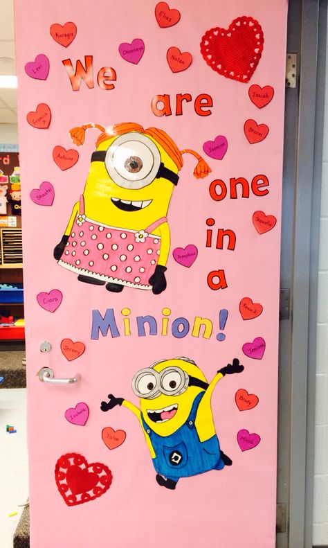 Minion Valentine's Day classroom door.                                                                                                                                                                                 More Valentines Door Decorations Classroom, Valentines Classroom Door, Classroom Areas, Minion Valentine, One In A Minion, Valentines Classroom, Valentine Bulletin Boards, Valentines Door, Valentines Day Bulletin Board