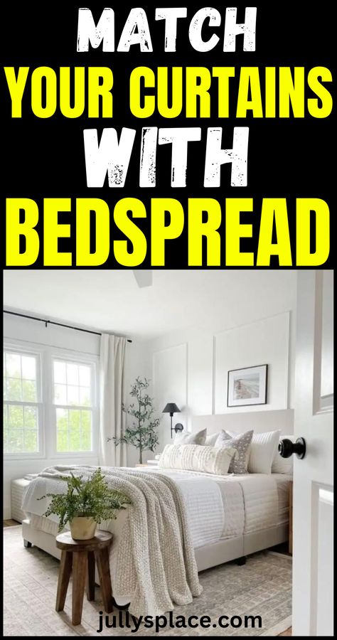 Should Your Curtains Match Your Bedspread? Matching Bedspread And Curtains, Matching Curtains And Bedding Window Treatments, Bedspread Ideas Modern, Matching Curtains And Bedding, Bedroom Curtains Master 2 Windows, Master Bedspread Ideas, Curtains Master Bed, Bedroom Curtains Master Window Treatments, White Bedspread Ideas