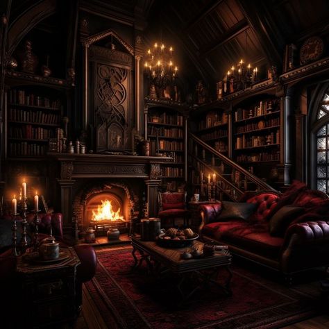 Gothic Rich Aesthetic, Old World Decor Living Room, Hades Castle, Mori Elise, Dark Castle Aesthetic Interior, Library Couch, Family Room Library, Castle Aesthetic Interior, Dark Library