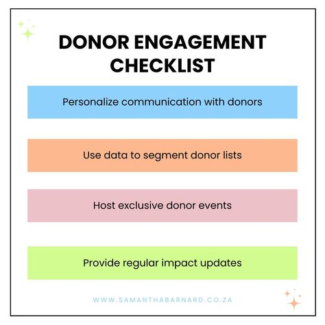 Donor Engagement Checklist - Personalize communication with donors ✨ Use data to segment donor lists ✨ Host exclusive donor events ✨ Provide regular impact updates. #DonorEngagement #SocialImpact #NonprofitSupport #NonprofitCommunity #CharityWork Donor Appreciation Event, Engagement Checklist, Use Data, Digital Tools, Social Impact, Practical Advice, Digital Transformation, Professional Development, Non Profit