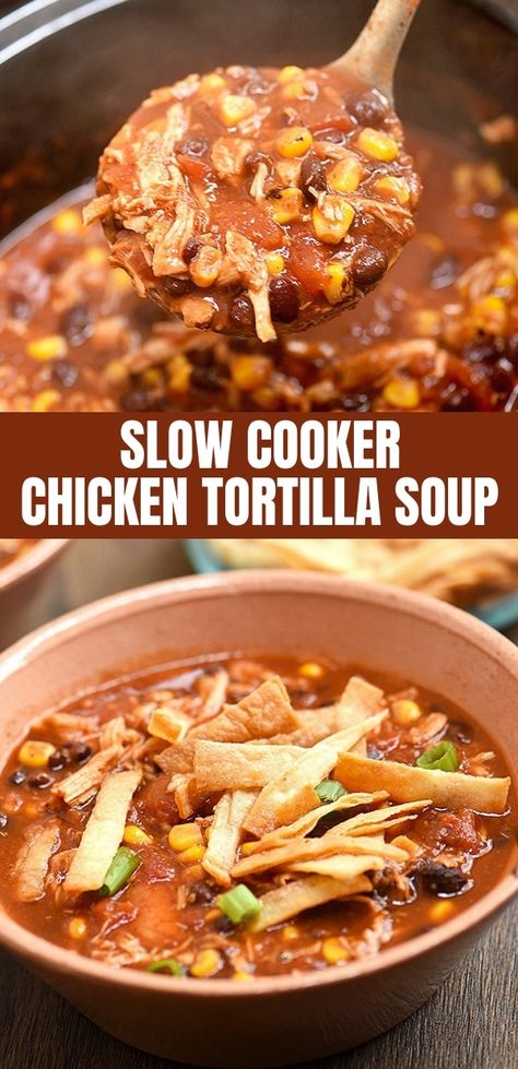 Chicken Black Beans Corn, Soup With Shredded Chicken, Canned Recipes, Best Chicken Tortilla Soup, Healthy Chicken Tortilla Soup, Tortilla Soup Easy, Chicken Black Beans, Chicken Tortilla Soup Crock Pot, Slow Cooker Chicken Tortilla Soup