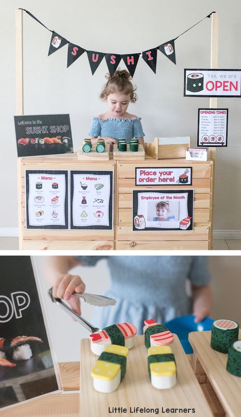 Free Sushi Shop Dramatic Play printables | Signs, labels and posters for setting up your own Sushi Imaginative Play | Role-play, vocabulary, creative thinking, problem solving, social skills | Australian Teachers, Parents, Toddlers, preschool and kindergarten play ideas | Sushi Dramatic Play, Play Printables, Sushi Shop, Dramatic Play Printables, Dramatic Play Preschool, Dramatic Play Area, Dramatic Play Centers, Early Childhood Classrooms, Fine Motor Skills Activities