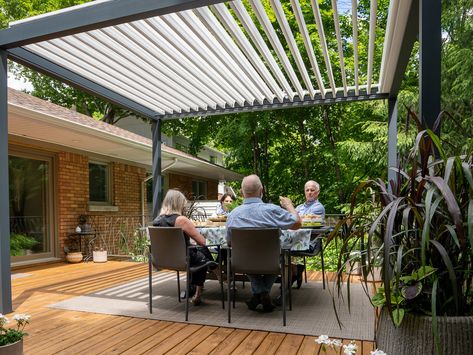 Can a louvered pergola ever be truly waterproof? – TerraSummer Louvered Pergola On Deck, Louvered Pergola Roof Diy, Pergola With Louvered Roof, Diy Louvered Pergola, Pergola Louvered Roof, Louvered Pergola Ideas, Pergola Cover Ideas Waterproof, Atrium Patio, Louvred Pergola