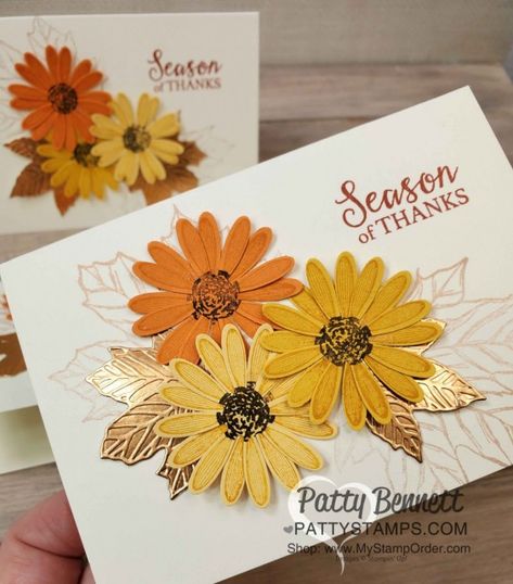 Colorful Seasons Stampin Up Cards Fall, Fall Cards Handmade, Thanksgiving Cards Handmade, Fall Greeting Cards, Sunflower Cards, Daisy Cards, Thanksgiving Card, Foil Card, Thanks Card