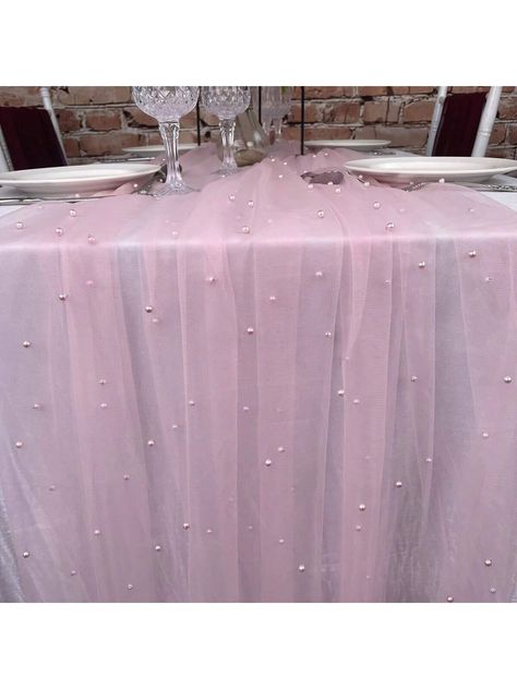 Pink  Collar  Polyester Plain  Embellished  Fall,Spring,Summer,Winter,All Seasons Kitchen & Table Linens Pearl Table Cloth, Fairytale Quince, Pink Table Runners, Tulle Table Runner, Tulle Tablecloth, Extra Long Table Runners, Pearl Backdrop, Tulle Table, Bridal Shower Inspo