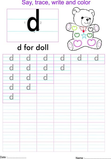 Small Letter D Worksheet, D Worksheet, Sounds Worksheet, Letter V Worksheets, Letter Tracing Printables, Letter D Worksheet, Number Worksheets Kindergarten, Teaching Cursive, Writing Practice Sheets