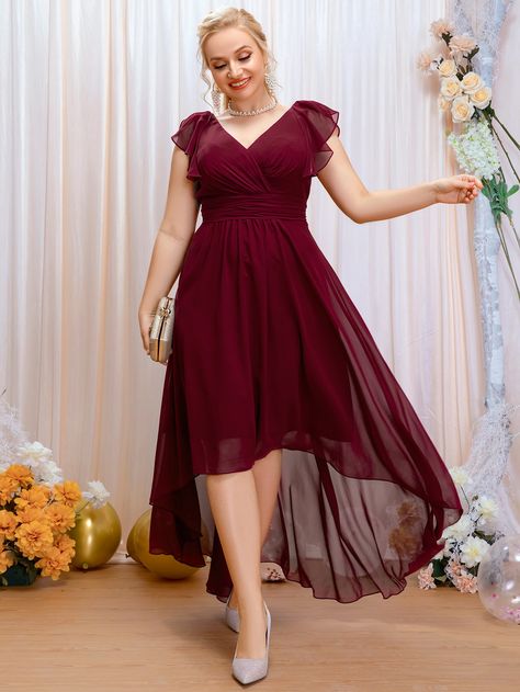 Plus Butterfly Sleeve High Low Hem Chiffon Bridesmaid Dress Dark Red Bridesmaid Dresses, Chocolate Bridesmaid Dresses, Maroon Bridesmaid Dresses, Wine Colored Dresses, Red Bridesmaid, Wine Dress, Burgundy Bridesmaid, Plus Size Bridesmaid, Red Bridesmaid Dresses