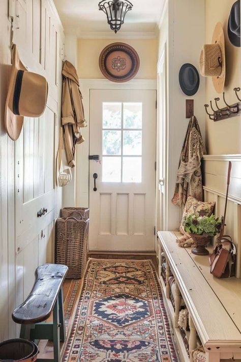 18 Cottage Core Home Entryway Ideas » Lady Decluttered Cottage Entryway Ideas, Cozy Modern Cottage, Small Cottage Living Room, Cottage Foyer, Mud Area, Cozy Cottage Interiors, Modern Cottage Core, Home Entryway Ideas, Cottage Core Interior