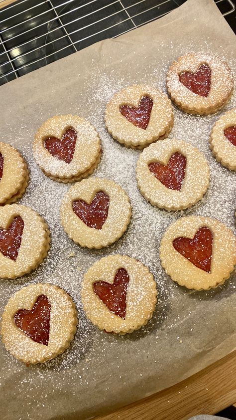 Homemade biscuits with strawberry jam Jam Biscuits, Valentines Baking, Homemade Biscuits, Strawberry Jam, Love Hearts, Christmas Baking, Late Night, Biscuits, Jam