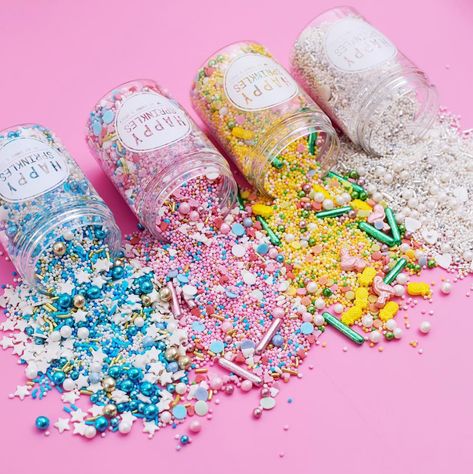 NEW Happy Sprinkles✨  100% edible, EU standard sprinkles are now available! With over 20 blends available and more coming soon, Happy Sprinkles are the next best thing to hit the UK.  Happy Sprinkles come in super cute re-usable pots of 90g that are good enough to keep on display. Buy three pots for just £18.  Sprinkle names from L-R: Cloud 7, Dancing Queen, Tropical Miami, Happy Ever After Sprinkles Aesthetic, Architecture Cake, Man Vs Food, Bright Nail Designs, Fancy Sprinkles, Dessert Photography, Candy Sprinkles, Wedding Treats, Vintage Baking