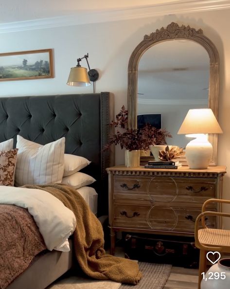 Hunter Premo Bedroom, Farmhouse Nightstand Decor Bedroom Ideas, Moody Romantic Bedroom Ideas, Moody French Provincial Bedroom, Western Master Room Bedroom Ideas, Mirrors Behind Nightstand Ideas, Master Bedrooms Decor Romantic, Elegant Traditional Bedroom, Vintage Modern Bedroom