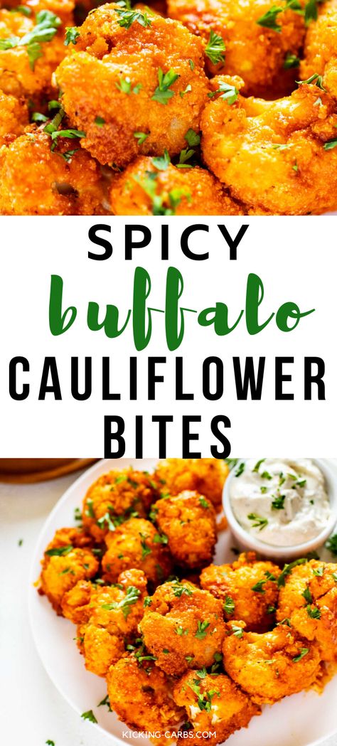 Looking for a fabulous vegetarian wing alternative? You are going to love these Spicy Buffalo Cauliflower Bites. They are easy to make and a fabulous healthy option. #kickingcarbs #buffalocauliflower #cauliflowerbites #vegetarianwings #keto #vegetarian #ketovegetarianrecipes Keto Cauliflower Wings, E2m Recipes, Vegetarian Wings, Veggie Keto, Crispy Cauliflower, Spicy Cauliflower, Buffalo Cauliflower Bites, Cauliflower Wings, Buffalo Cauliflower