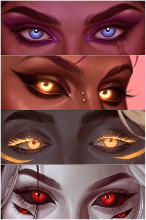 Lighting Effect Drawing, Demon Skin Color, Eye Coloring Reference, 4 Eyed Character Design, How To Draw Demon Eyes, Different Eye Types Drawing, Villain Eyes Drawing, Phoenix Eyes Shape, Oc Eyes Drawing