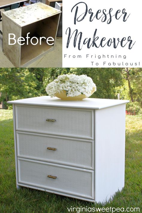 From Frightening to Fabulous: A Dresser Makeover - Sweet Pea First College Apartment, Hand Held Router, Plywood Edge, Round Moulding, Pocket Screws, Drawer Inserts, Pocket Hole Jig, Old Cabinets, White Chalk Paint